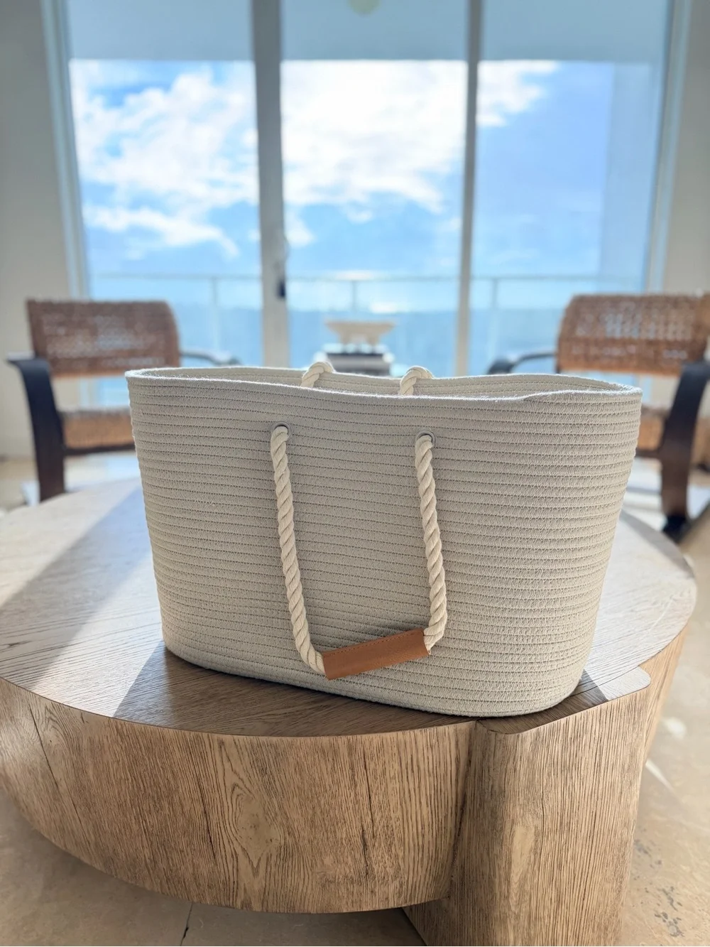 Neutral Cream Rope Tote with Leather Handle Accent